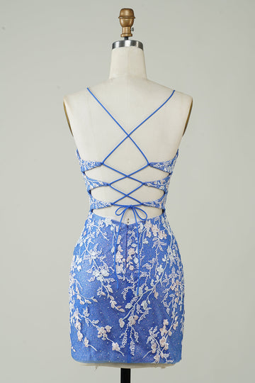 Mantel V-ringad Blå Kort Homecoming Klänning med applikationer Criss Cross Back